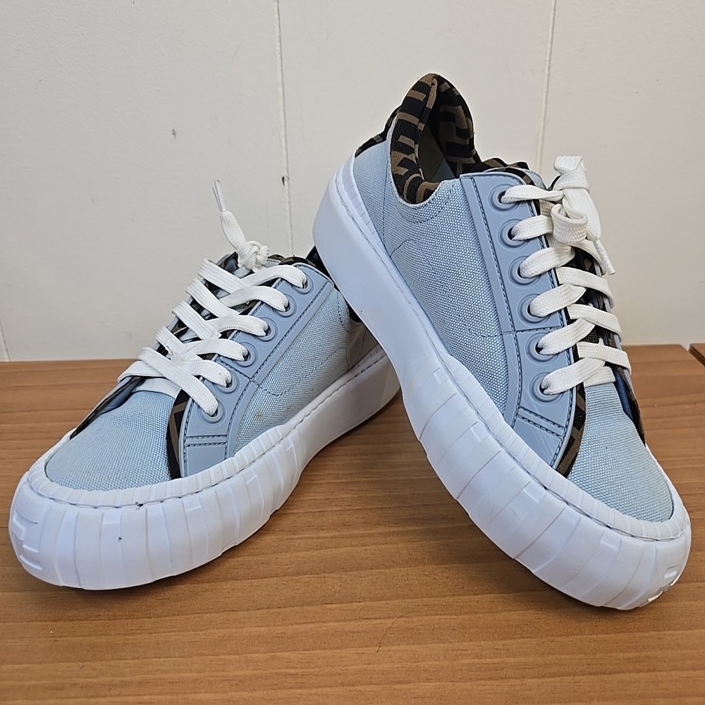 Fendi Force Sky Blue Canvas White Platform FF Logo Low‎ Top Trainer Sneaker 6